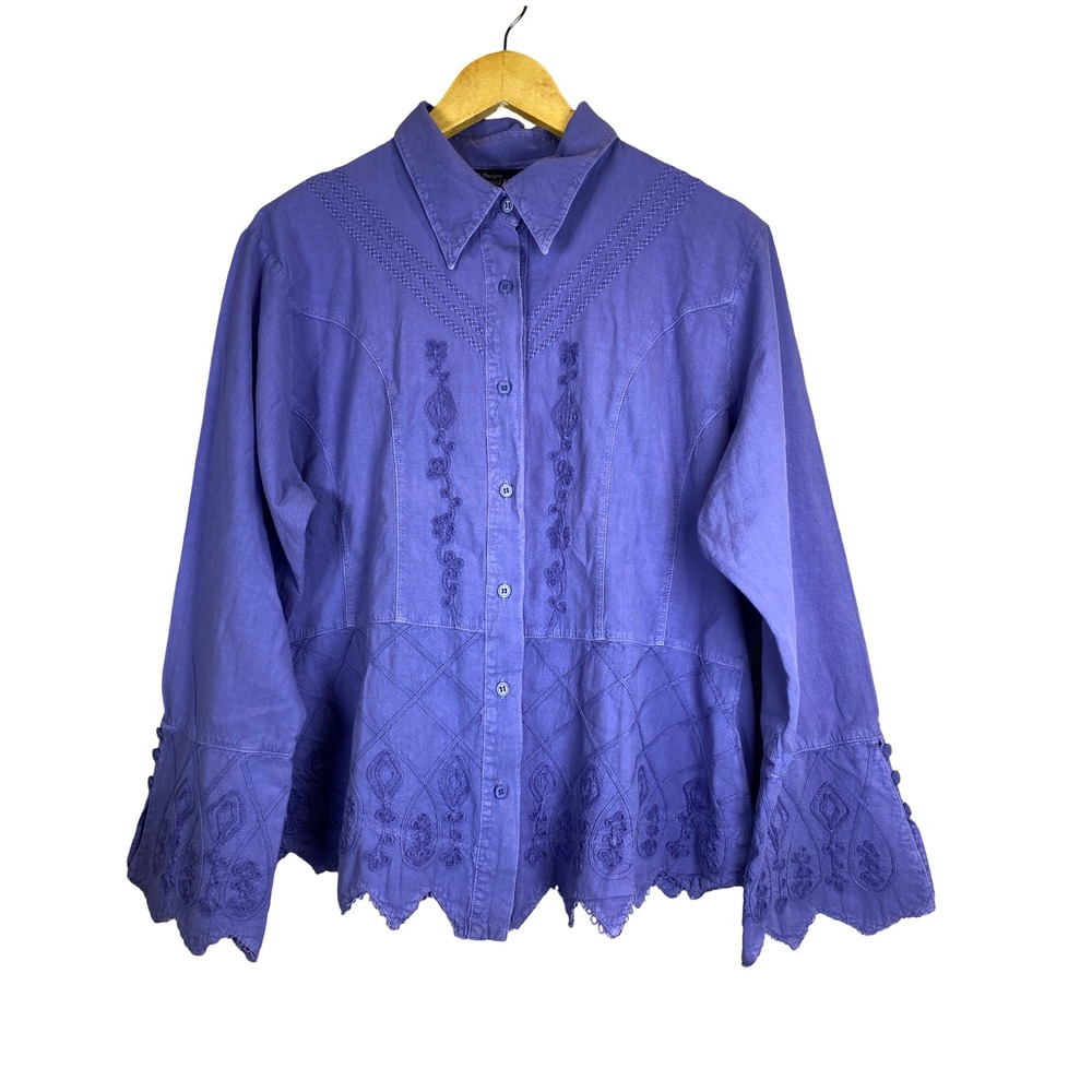 G. Designs Natural Purple Cotton Embroidered Scalloped Shirt 2X Boho Fairy Peru